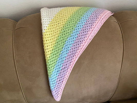 Crocheted Handmade Rainbow Granny Square Shawl Triangle Summer Cover Up Baby Blanket