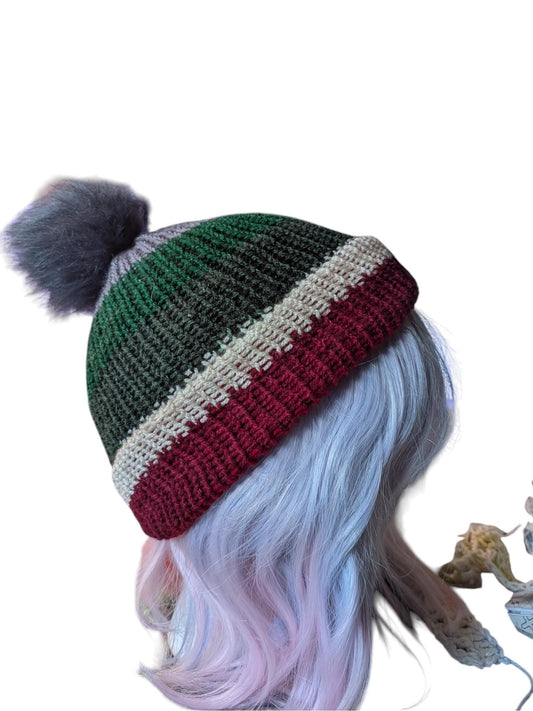 Christmas Striped Knit Beanie with Pom Pom