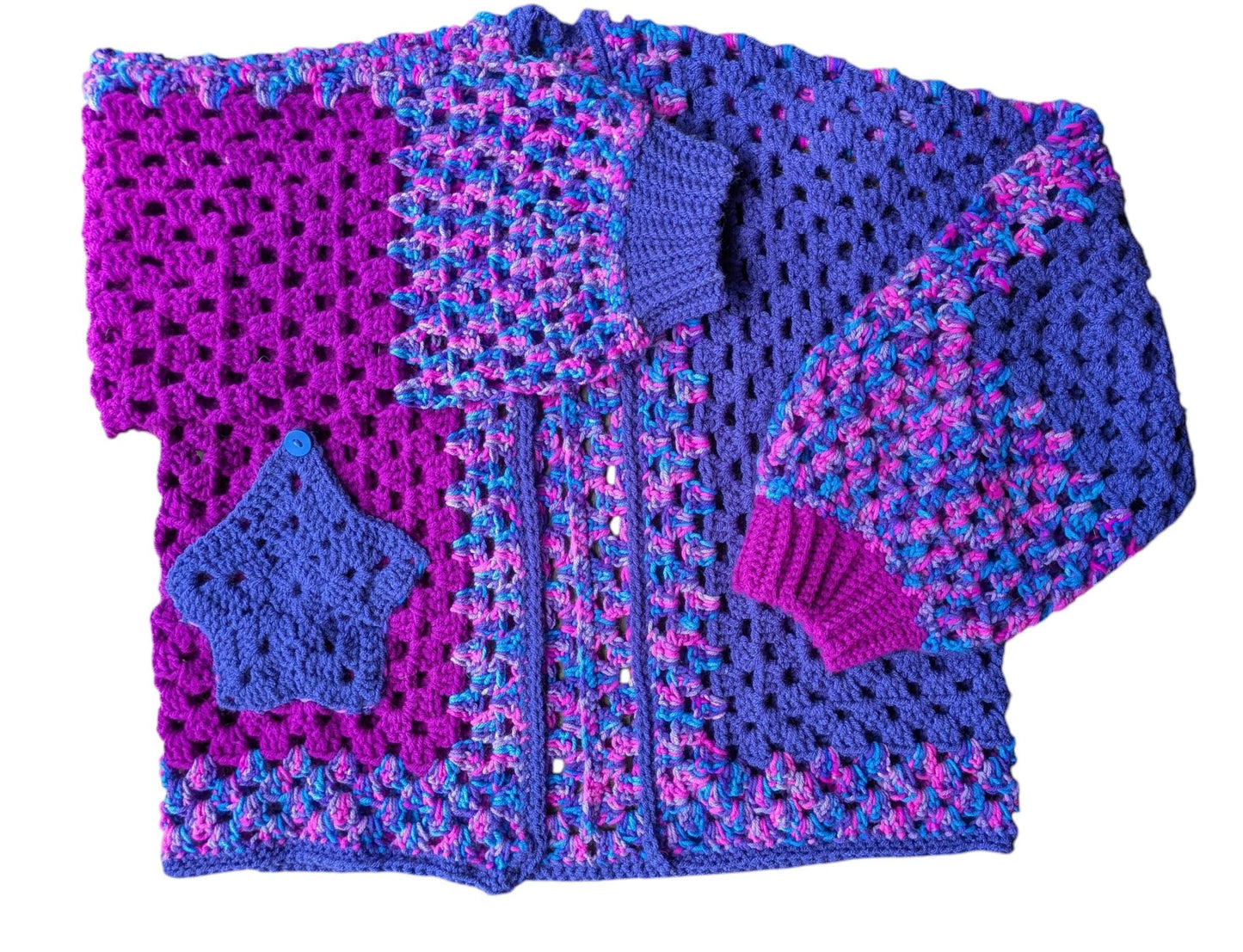 Crocheted Purple Cropped Hexagon Cardigan With Star Pocket