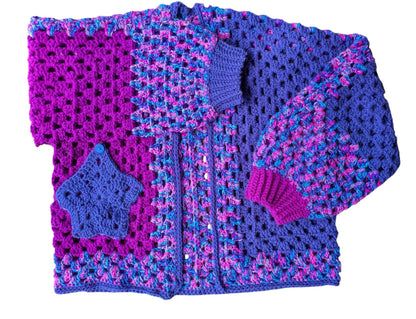 Crocheted Purple Cropped Hexagon Cardigan With Star Pocket