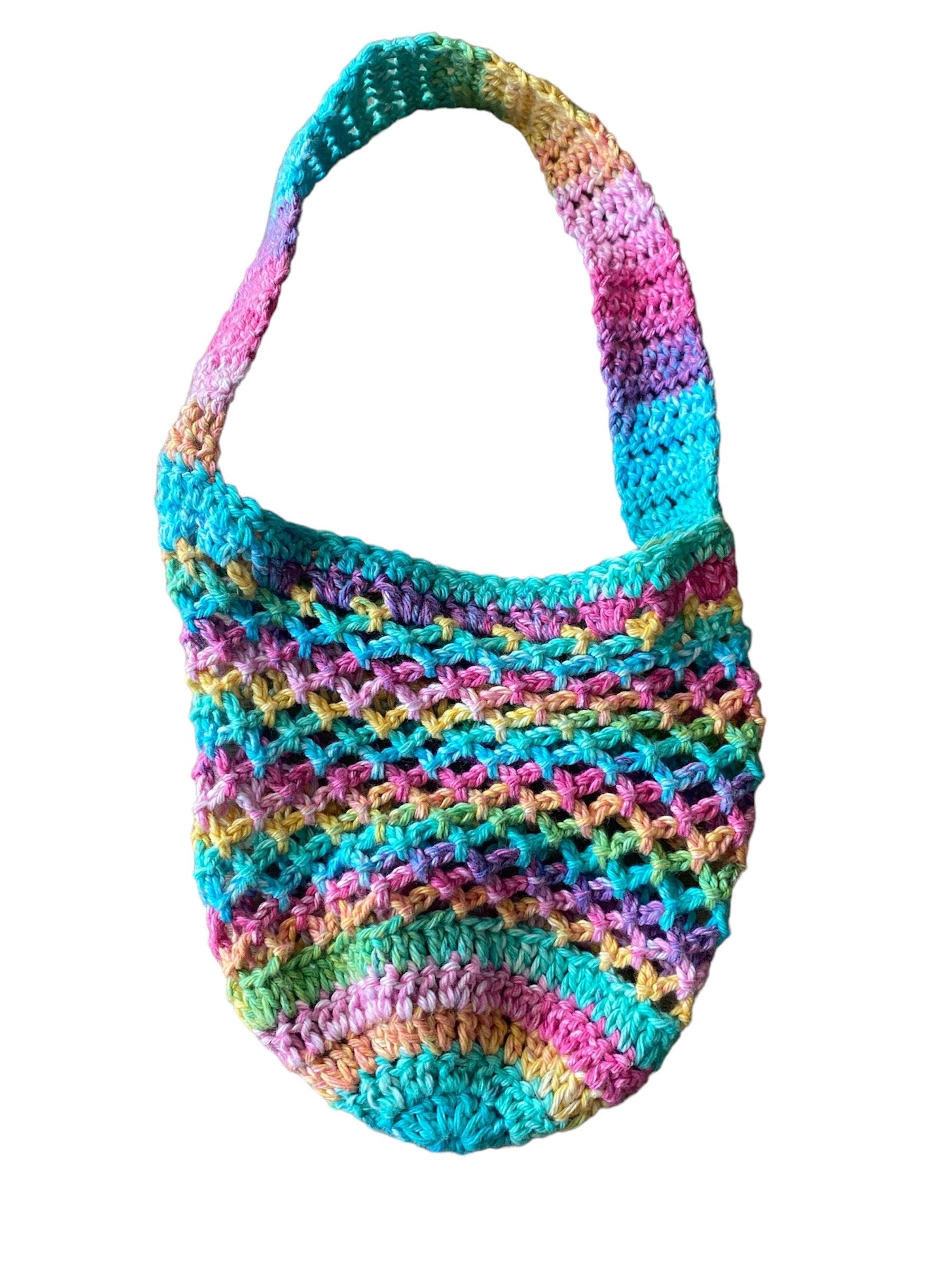 Rainbow Market Bag Tote Crochet Handmade Cotton For Produce