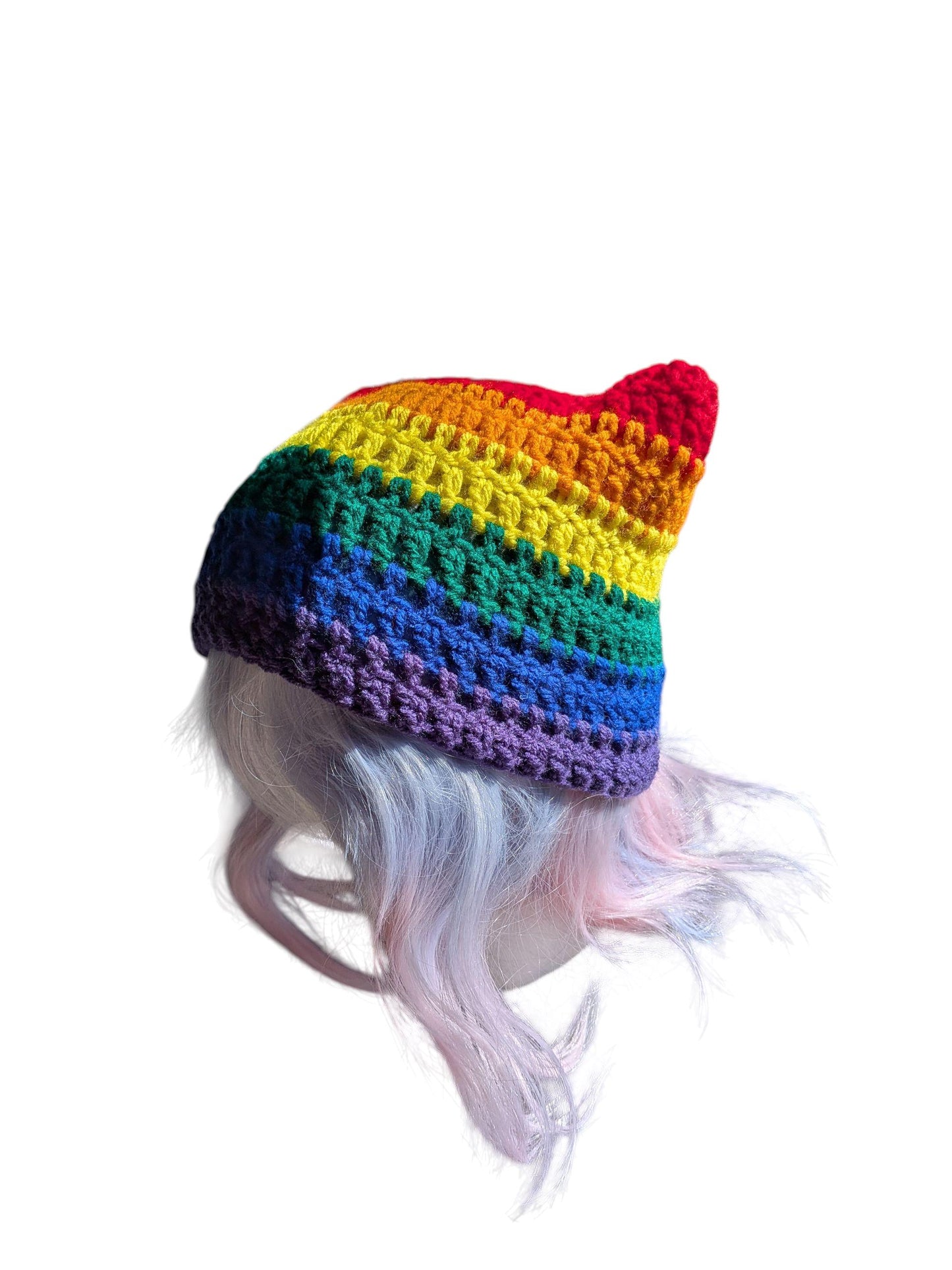 Crocheted Rainbow Cat Ear Beanie