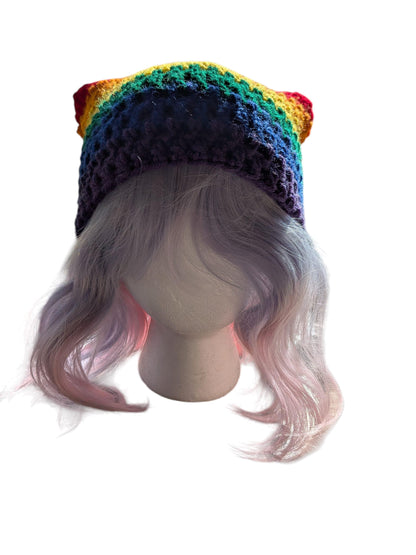 Crocheted Rainbow Cat Ear Beanie