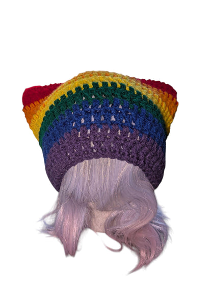 Crocheted Rainbow Cat Ear Beanie