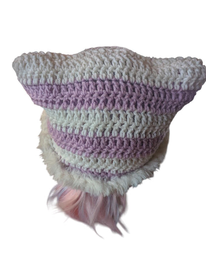 Lavender and White Striped Cat Ear Beanie with Fur