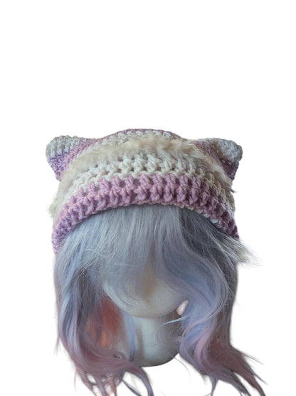 Lavender and White Striped Cat Ear Beanie with Fur