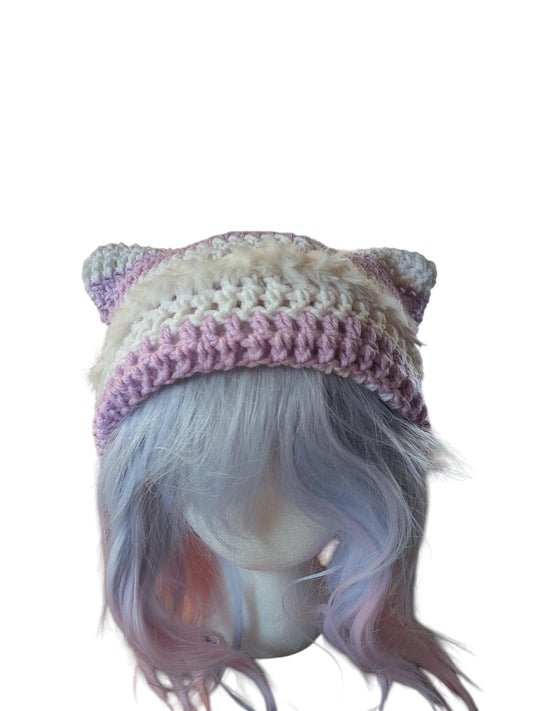 Lavender and White Striped Cat Ear Beanie with Fur