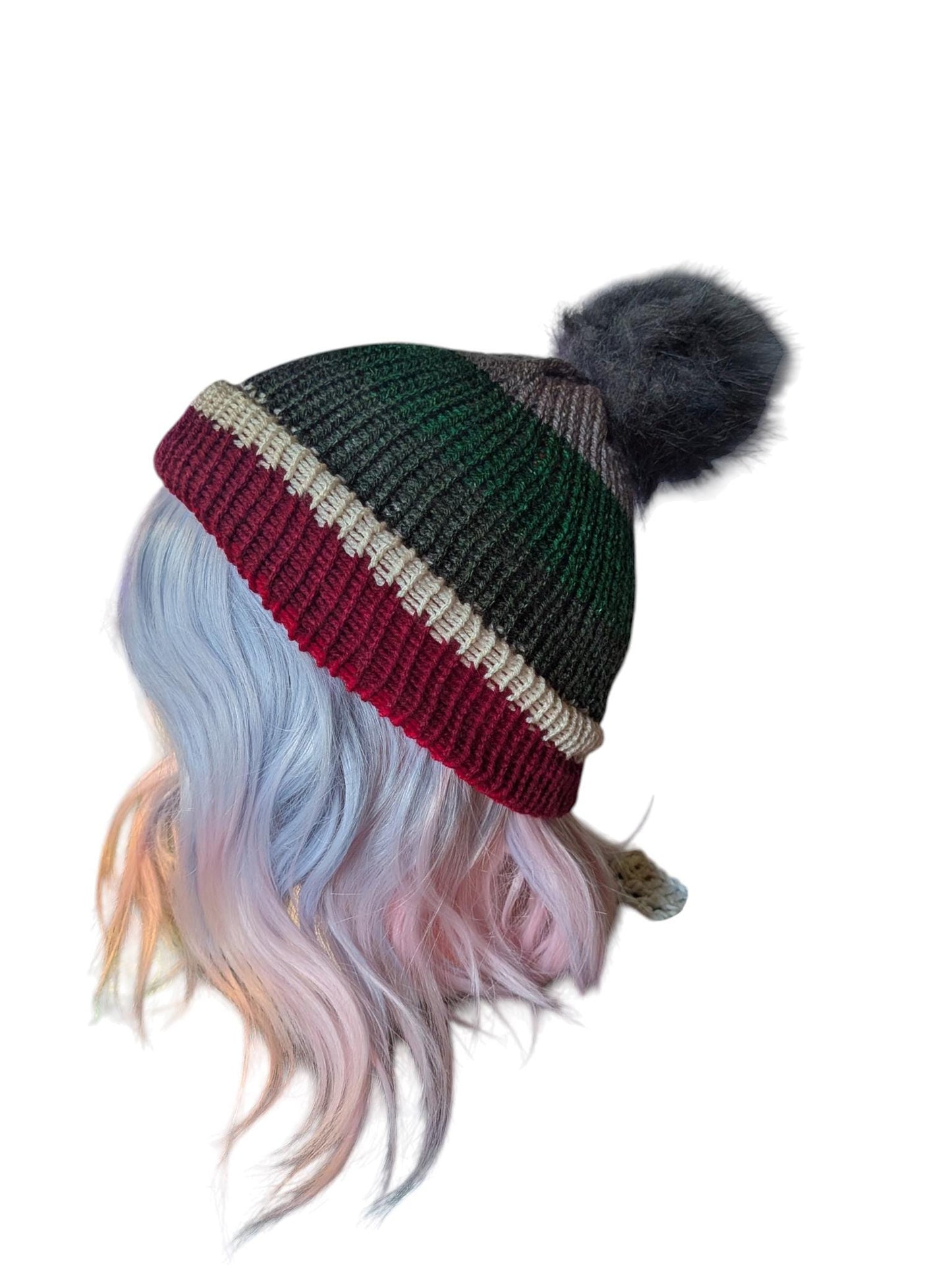 Christmas Striped Knit Beanie with Pom Pom