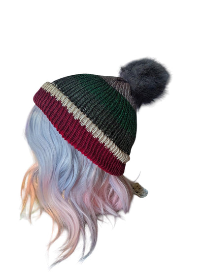 Christmas Striped Knit Beanie with Pom Pom
