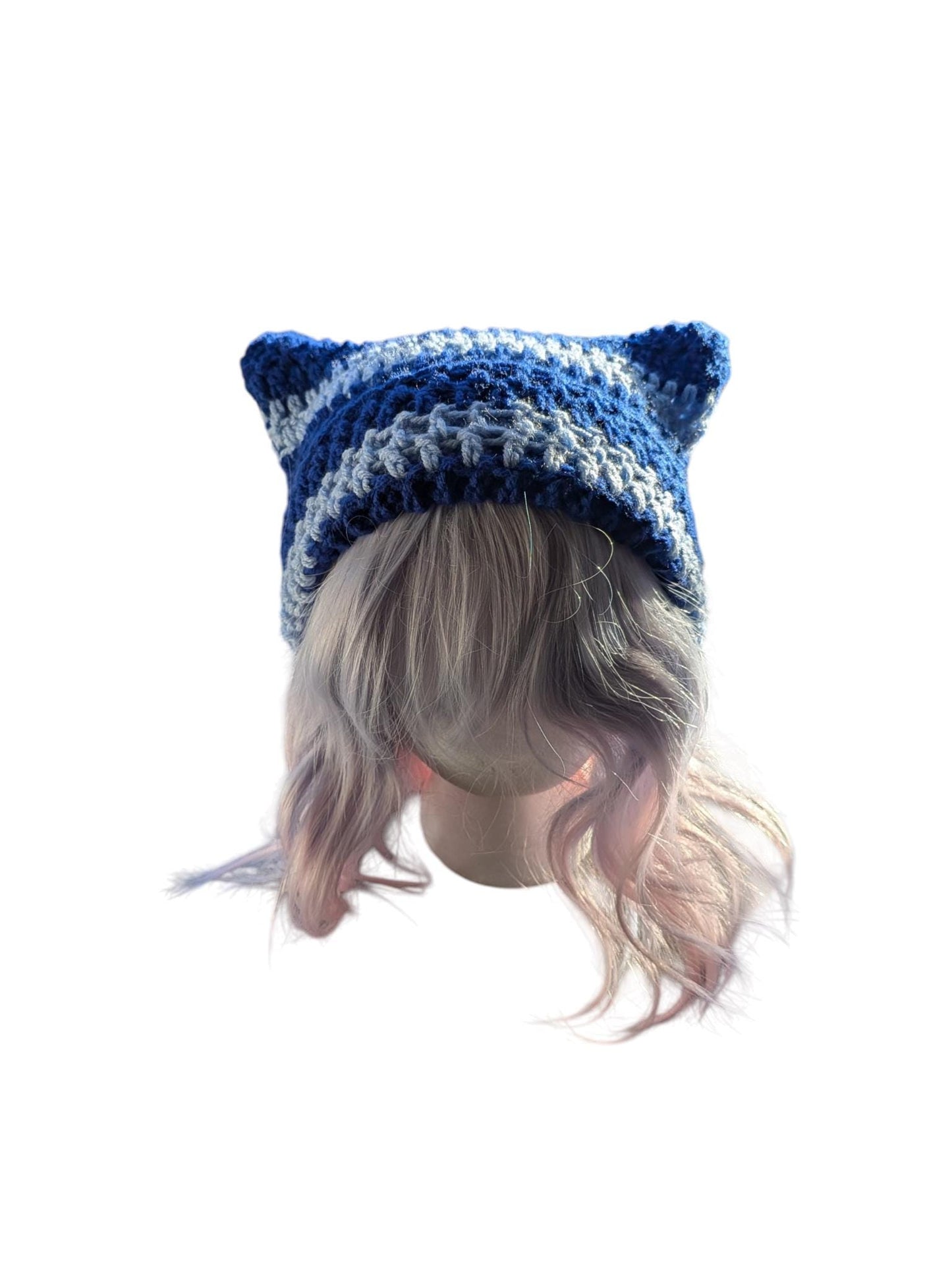 Blue Striped Crochet Cat Ear Beanie