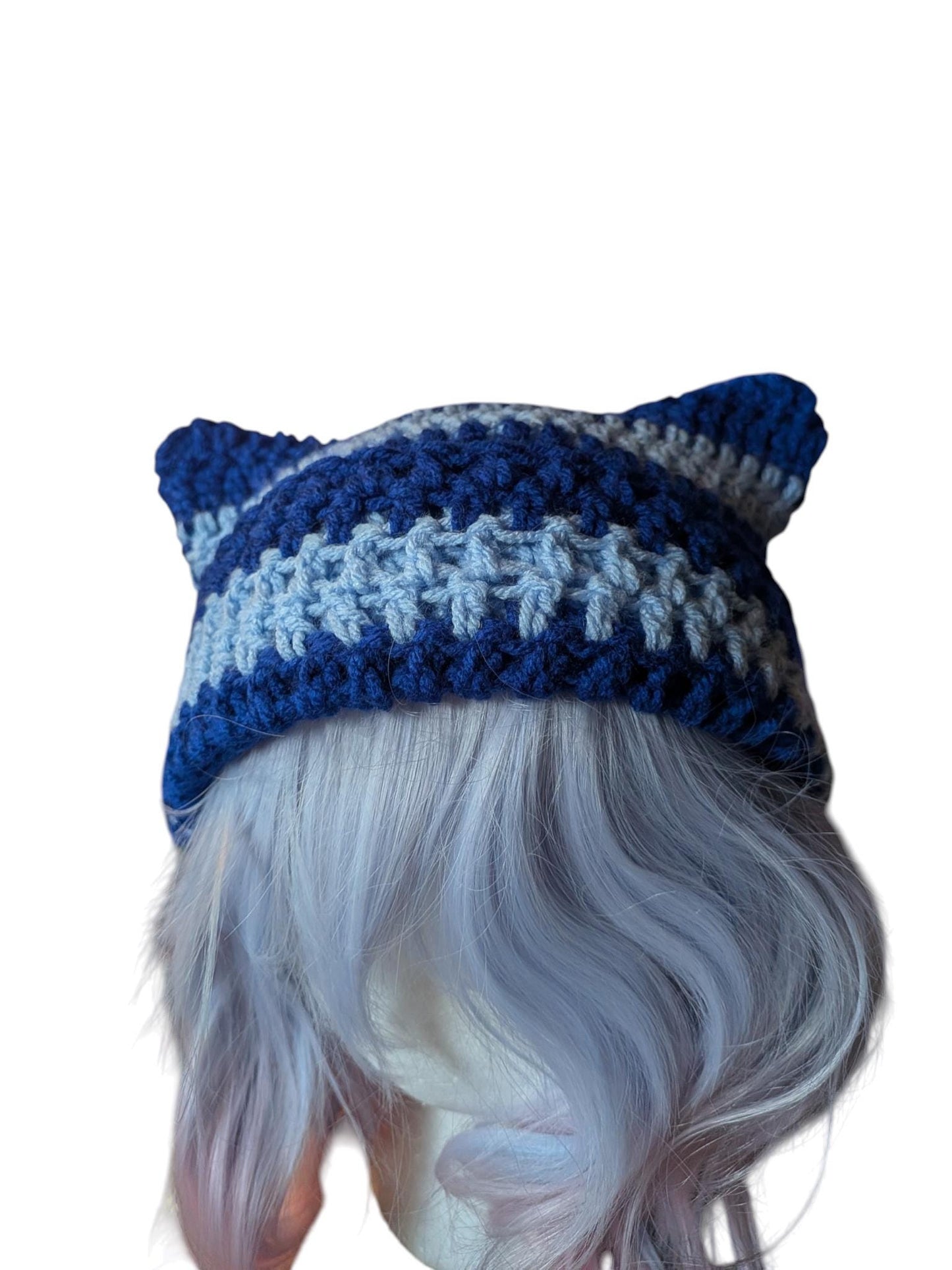 Blue Striped Crochet Cat Ear Beanie