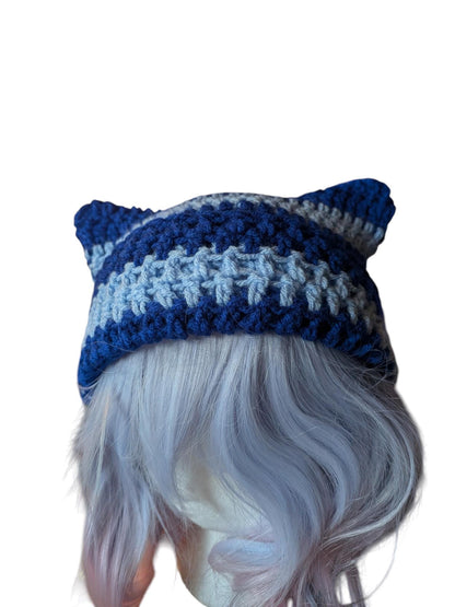 Blue Striped Crochet Cat Ear Beanie