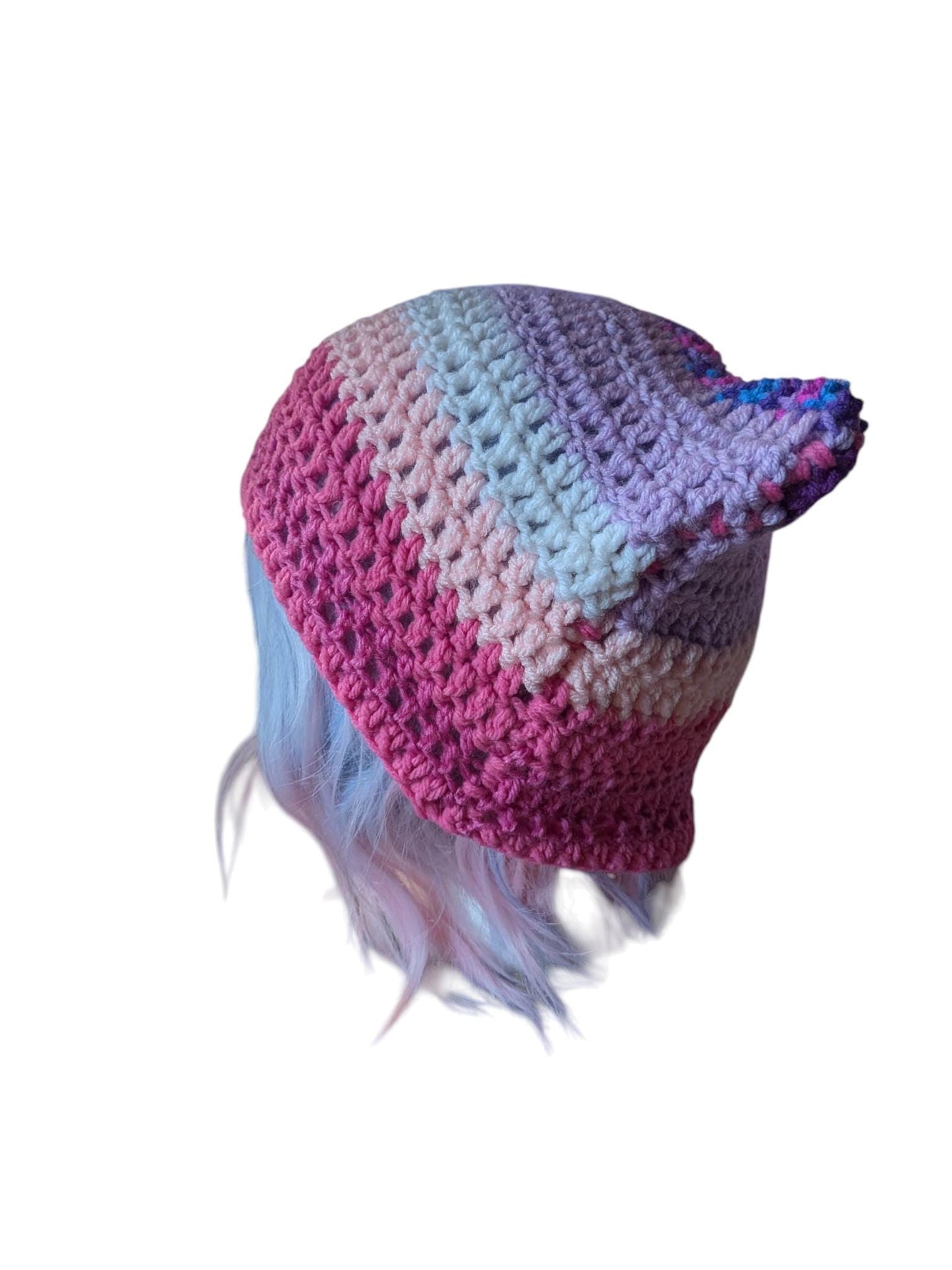 Pink and Purple Scrap Yarn Cat Ear Beanie