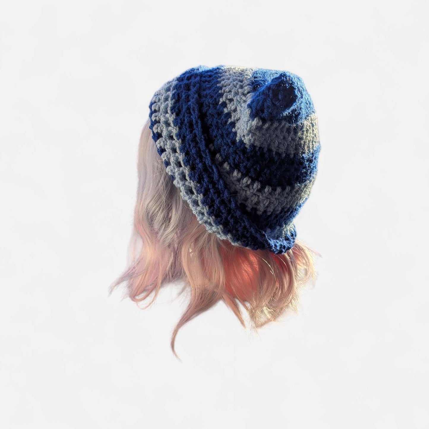 Blue Striped Crochet Cat Ear Beanie