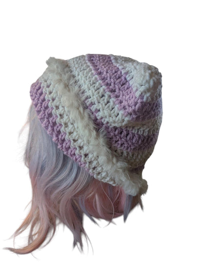 Lavender and White Striped Cat Ear Beanie with Fur
